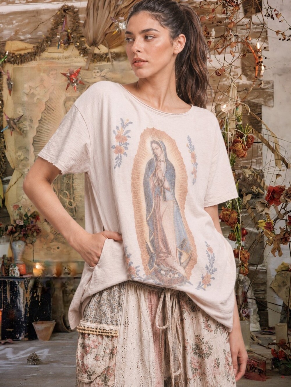 Magnolia style disstresed Virgin Tunic Boho T-shirt Free Style Cotton Top S New!